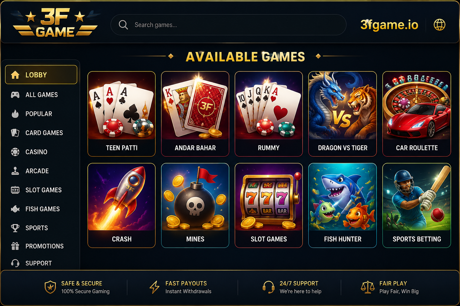 3F Game available games lobby 2026 — showing Teen Patti, Rummy, Crash and more
